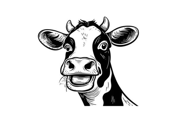 角のロゴタイプの彫刻様式の絶縁されたベクトルのイラストが付いている牛の頭部 — ストックベクタ