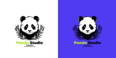 Mavi ve beyaz arka planda panda vektör logosu çizimi. Pandanın baş logosu. Sevimli hayvan yüzlü işaret şablonu