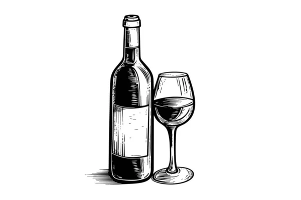Botella Vino Copa Grabado Dibujado Mano Boceto Estilo Vector Ilustraciones — Archivo Imágenes Vectoriales