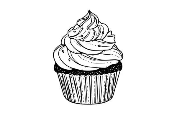 Cupcake Gravyr Stil Bläckskiss Isolerad Vit Bakgrund Handritad Vektor Illustration — Stock vektor