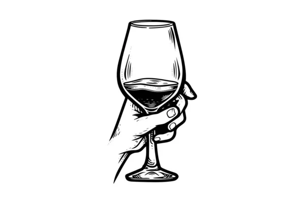 Γυαλί Κρασιού Στο Χέρι Που Μελάνι Σκίτσο Χάραξη Στυλ Διάνυσμα — Διανυσματικό Αρχείο