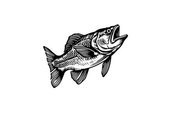 Pike Pescado Grabado Dibujado Mano Aislado Sobre Fondo Blanco Dibujo — Vector de stock