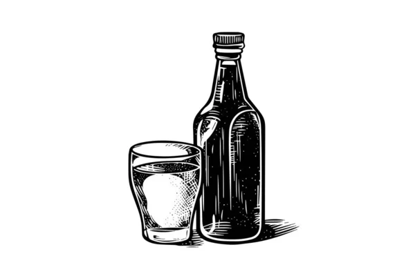 Soda Bottle Glass Ink Sketch Lemonade Isolated White Background Hand — Stock Vector