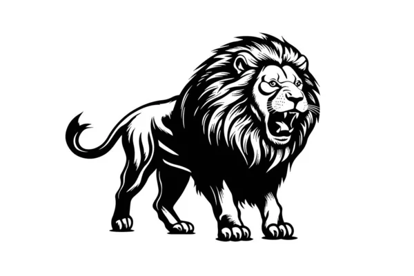 Lion Χειροποίητη Απεικόνιση Για Τατουάζ Λογότυπο Σχέδιο Εμβλήματος Χαρακτική Αγριόγατας — Διανυσματικό Αρχείο