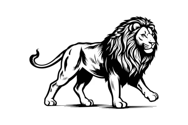 Lion Χειροποίητη Απεικόνιση Για Τατουάζ Λογότυπο Σχέδιο Εμβλήματος Χαρακτική Αγριόγατας — Διανυσματικό Αρχείο