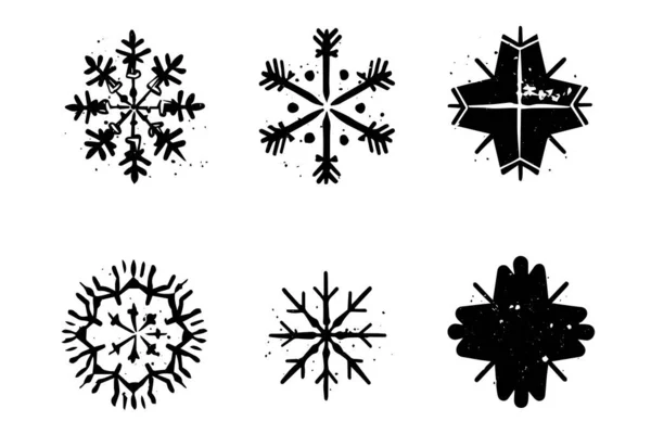 Grunge Lino Cut Schneeflocken Briefmarkensammlung Bedrängte Texturen Gesetzt Leere Geometrische — Stockvektor