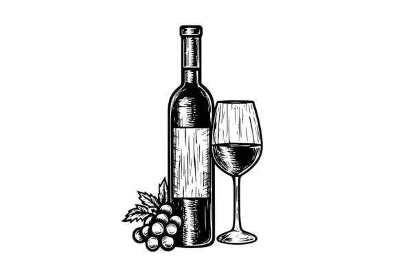 Wine Bottle Glass Wine Grapes Hand Drawn Engraving Sketch Style — Stock Vector