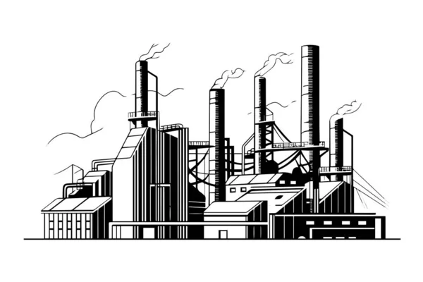 Industrial Landscape Line Engraving Style Hand Drawing Ink Sketch Oil — Stock Vector