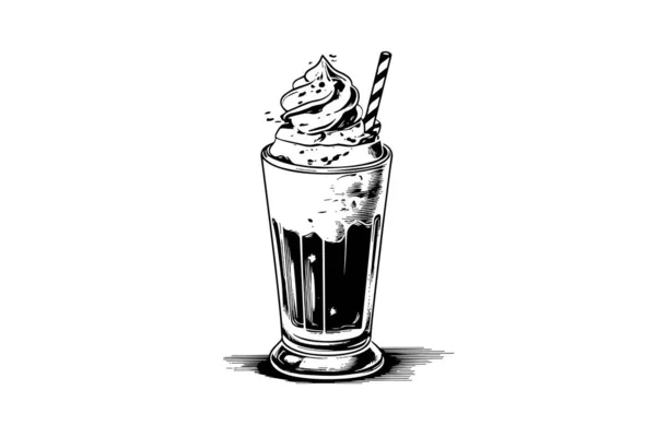 Čokoládový Mléčný Koktejl Rytým Vektorovým Znázorněním Černobílé Izolované Složení — Stockový vektor