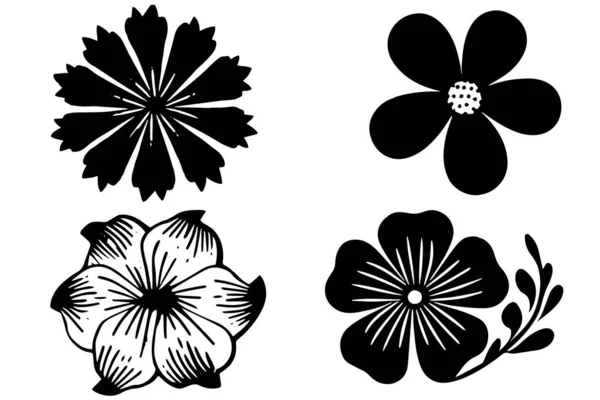 Satz Lino Cut Grunge Blume Stempel Packung Mit Zeitgenössischen Texturelementen — Stockvektor