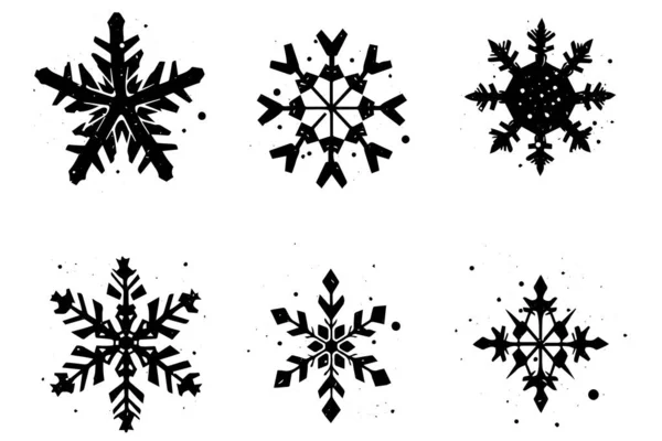 Grunge Lino Cut Schneeflocken Briefmarkensammlung Bedrängte Texturen Gesetzt Leere Geometrische — Stockvektor