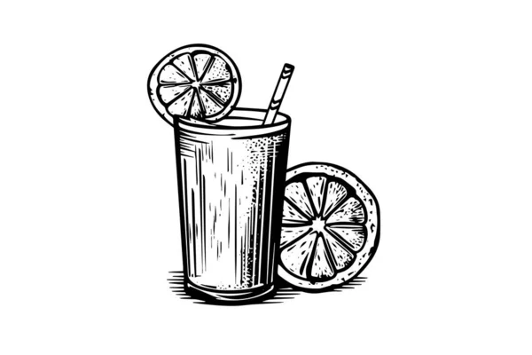 Beber Limonada Con Limón Dibujado Mano Grabado Estilo Vector Ilustración — Archivo Imágenes Vectoriales
