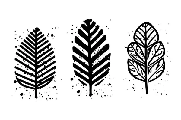 白い背景にリノカットされたベクタースタンプブラックの葉と枝のプリントのセット 手描きフラワーエレメント — ストックベクタ