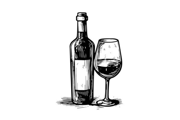 Vinflaska Och Glas Handritade Gravyr Skiss Stil Vektor Illustrationer — Stock vektor
