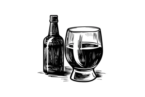 Sklenice Piva Lahví Piva Izolovanou Bílém Pozadí Ručně Kreslený Náčrt — Stockový vektor