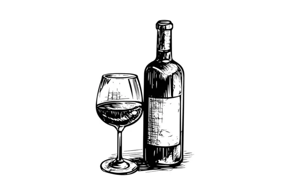 酒瓶和酒杯 手绘版画草图风格矢量插图 — 图库矢量图片