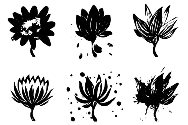 Set Van Lino Gesneden Grunge Bloem Inkt Stempel Verpakking Van — Stockvector