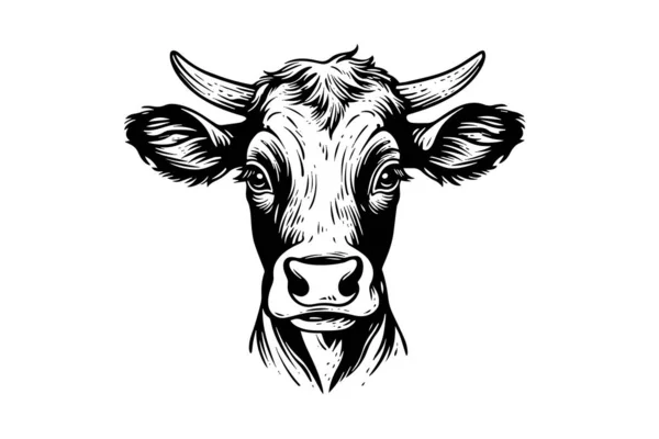 Cabeça Vaca Com Chifres Logotipo Gravura Estilo Isolado Vetor Ilustração —  Vetores de Stock