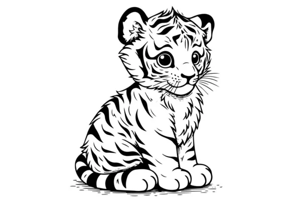 Handritad Gravyr Stil Skiss Tiger Unge Vektor Bläck Illustration — Stock vektor
