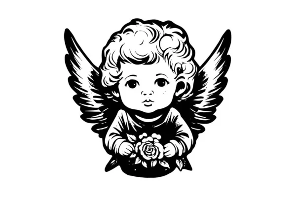 Little Angel Logotype Vector Retro Style Engraving Black White Illustration — Stock Vector