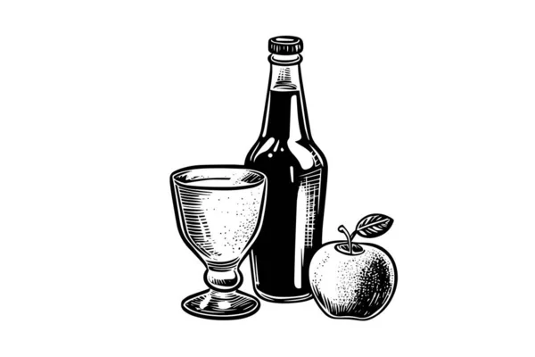 Bouteille Soda Avec Verre Croquis Encre Cidre Pomme Isolé Sur — Image vectorielle