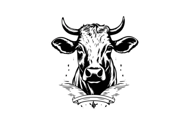 Tehén Logotípus Kézzel Rajzolt Tinta Vázlat Gravírozási Stílus Vektor Illusztráció — Stock Vector