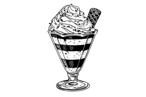 Böğürtlenli Dondurma Kaşıkları Cam Bardakta Gofret Çubukları Mürekkep Çizimi Oymalı — Stok Vektör
