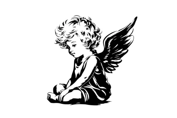 リトルエンジェルベクターレトロスタイル 黒と白のイラストを彫刻 翼を持つかわいい赤ん坊 — ストックベクタ