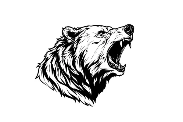 Medvěd Vrčení Hlavy Logotyp Vektorové Rytí Styl Ilustrace — Stockový vektor
