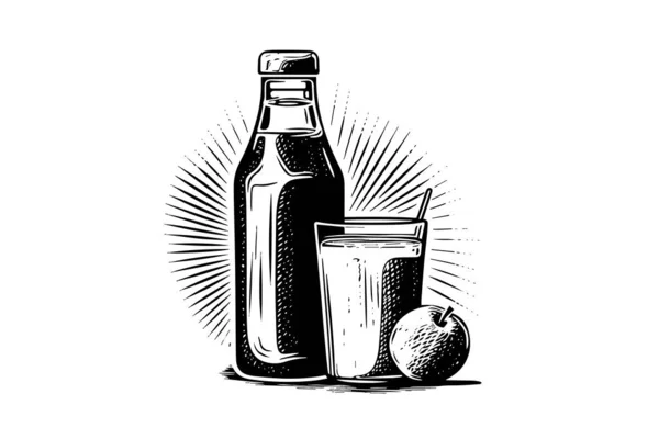 Бутылка Соды Стеклом Чернильный Эскиз Яблочного Сидра Выделен Белом Фоне — стоковый вектор
