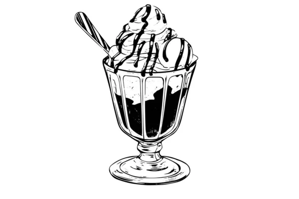 Böğürtlenli Dondurma Kaşıkları Cam Bardakta Gofret Çubukları Mürekkep Çizimi Oymalı — Stok Vektör