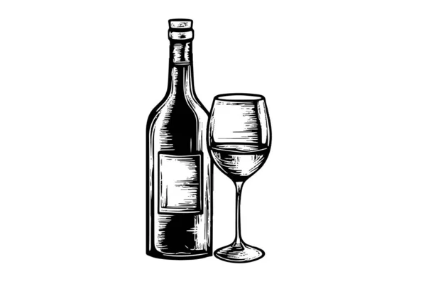 Weinflasche Und Glas Vorhanden Handgezeichnete Gravurskizze Vektor Illustrationen — Stockvektor