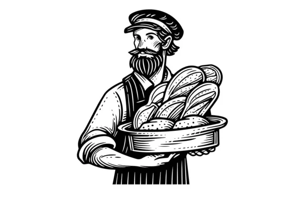 Handgezeichnete Tuschezeichnung Eines Männlichen Bäckers Mit Gebackenem Brot Auf Einem — Stockvektor