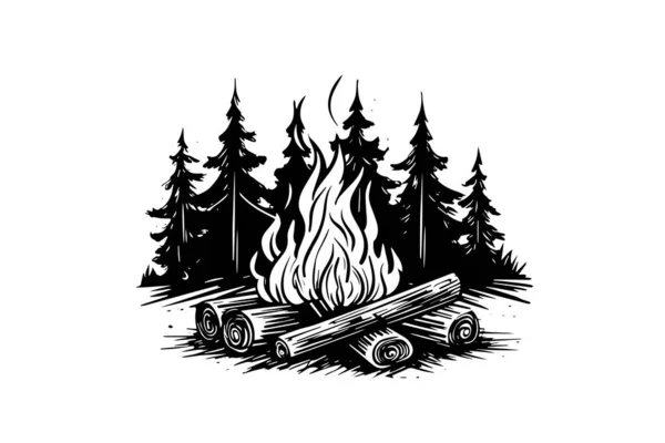 Hoguera Camping Dibujada Mano Ilustración Vectorial Del Fuego Estilo Grabado — Archivo Imágenes Vectoriales