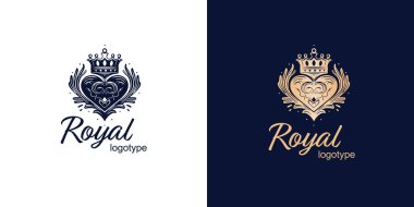 Crown Luxury Concept Logo Tasarım Şablonu mavi ve beyaz arka plan. Logotype vektör işareti