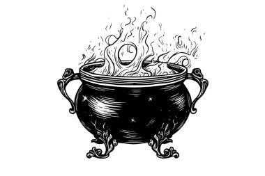 Boiling witchs cauldron hand drawn ink sketch. Engraving style vector illustration clipart