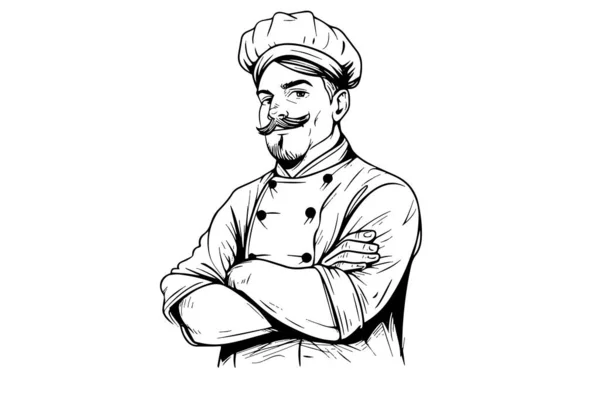 Chef Sombrero Con Brazo Cruzado Pose Logotipo Grabado Estilo Vector — Archivo Imágenes Vectoriales