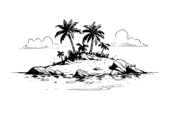 岛屿与棕榈树景观手绘水墨画素描 雕刻风格矢量插图 — 图库矢量图片
