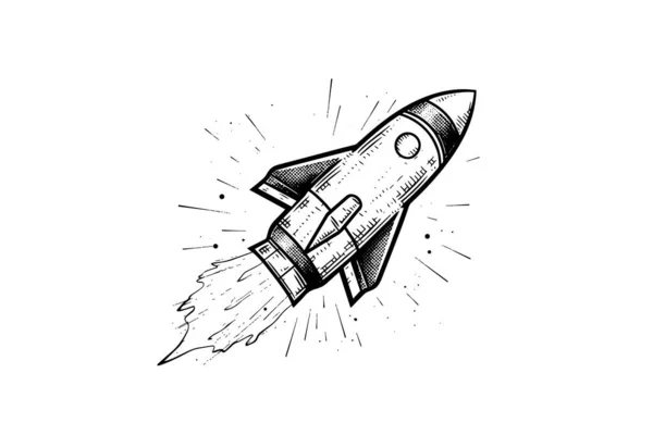 Blowing Space Rocket Sketch Engraving Style Vector Illustration — Stock Vector