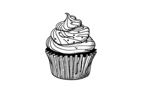 Cupcake Style Gravure Croquis Encre Isolé Sur Fond Blanc Illustration — Image vectorielle