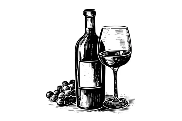 Şarap Şişesi Bir Bardak Şarap Üzüm Çizimi Taslak Biçim Vektör — Stok Vektör
