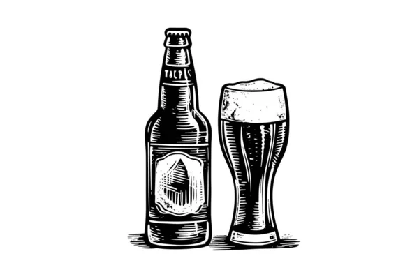 Bierglas Mit Bierflasche Auf Weißem Hintergrund Handgezeichnete Skizze Vector Vintage — Stockvektor