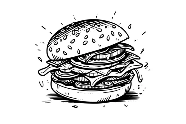 Бургери Гравірування Стилю Мистецтва Ручна Намальована Векторна Ілюстрація Гамбургера — стоковий вектор
