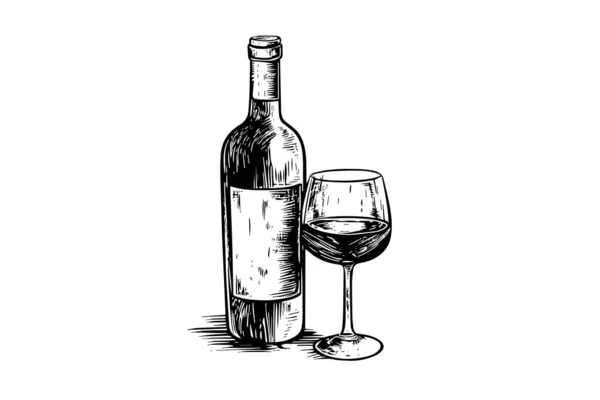 Wine Bottle Glass Hand Drawn Engraving Sketch Style Vector Illustrations — Stock Vector