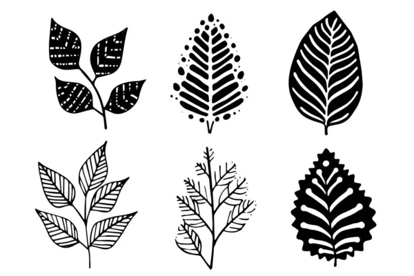 一组线切割矢量印章黑色的叶子和分枝印在白色的背景 手绘花卉元素 — 图库矢量图片