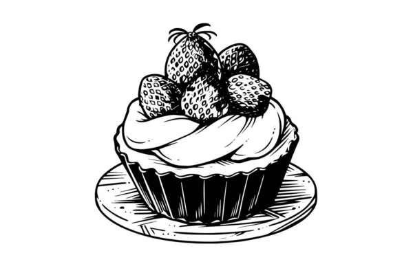 Cupcake Met Bessen Graveerstijl Inkttekening Geïsoleerd Witte Achtergrond Handgetekende Vectorillustratie — Stockvector
