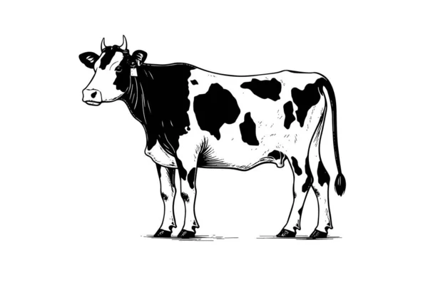 Alpine Cow Vector Hand Drawn Engraving Style Illustration — Stock Vector