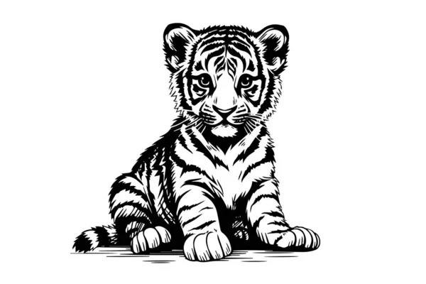 Ręcznie Rysowany Szkic Stylu Grawerowania Tygrysa Szczenię Wektor Atrament Ilustracja — Wektor stockowy