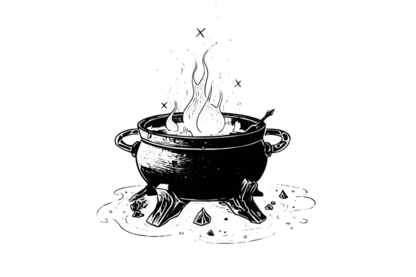 沸騰した魔女のカルドロン手描きインクスケッチ 彫刻スタイルベクトルイラスト — ストックベクタ