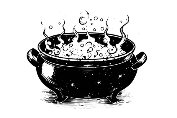 Boiling Witchs Caldero Dibujado Mano Boceto Tinta Grabado Estilo Vector — Vector de stock
